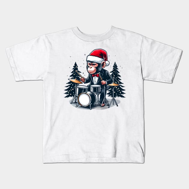 Drummer Monkey Christmas Kids T-Shirt by Graceful Designs